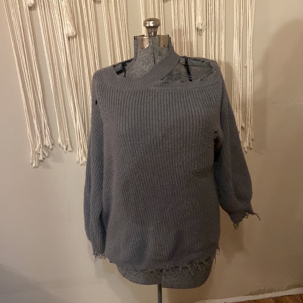 Dark grey distressed, one open shoulder sweater